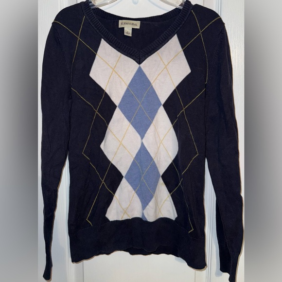 St. John’s Bay Y2K Blue Argyle Sweater Juniors 5 Preppy Knit - Picture 2 of 8